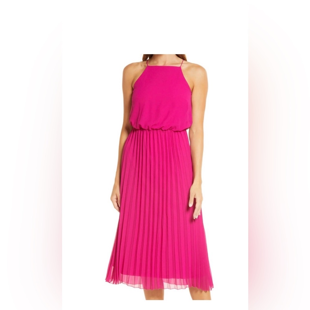 Sam Edelman Pleated Halter Midi Dress in Bright Pink